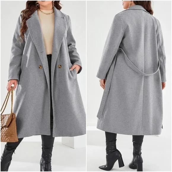 Plus Double Breasted Button up Belted Jacket Coat - Picture 9 of 9